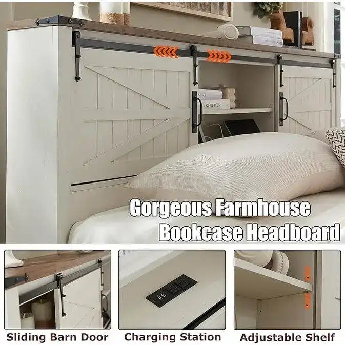 Farmhouse Full Bed Frame with Storage Shelves and Built-in Charging Station 10