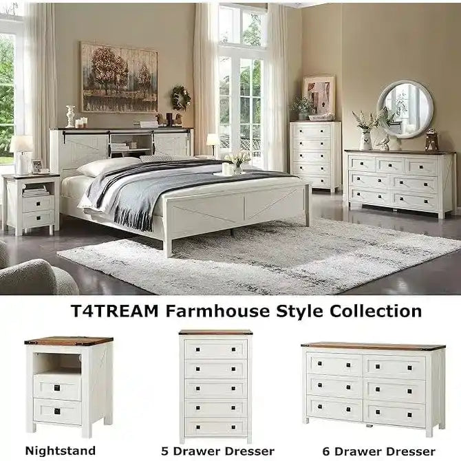 Farmhouse Platform Bed with Storage Headboard Sliding Doors and Charging Station 12