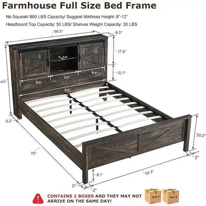 Farmhouse Platform Bed with Storage Headboard Sliding Doors and Charging Station 14