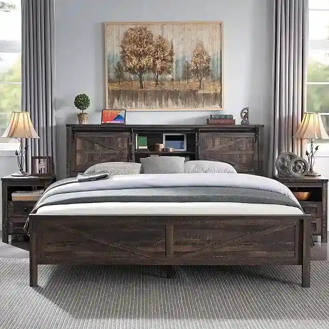 Farmhouse Platform Bed with Storage Headboard Sliding Doors and Charging Station 15