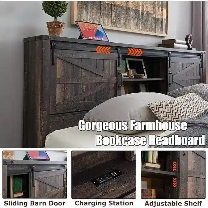 Farmhouse Platform Bed with Storage Headboard Sliding Doors and Charging Station 16