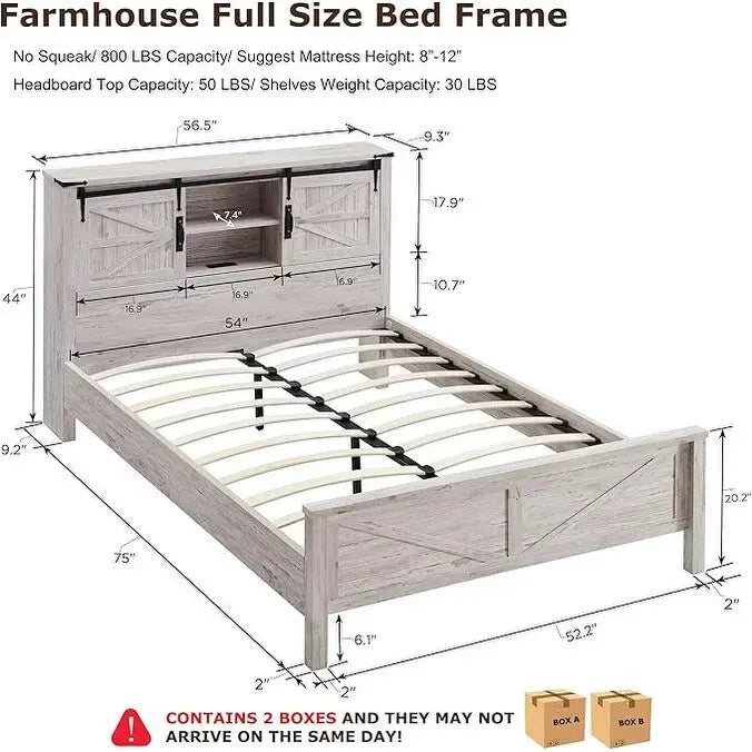 Farmhouse Full Bed Frame with Storage Shelves and Built-in Charging Station 20