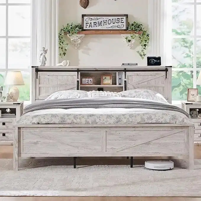 Farmhouse Full Bed Frame with Storage Shelves and Built-in Charging Station 21