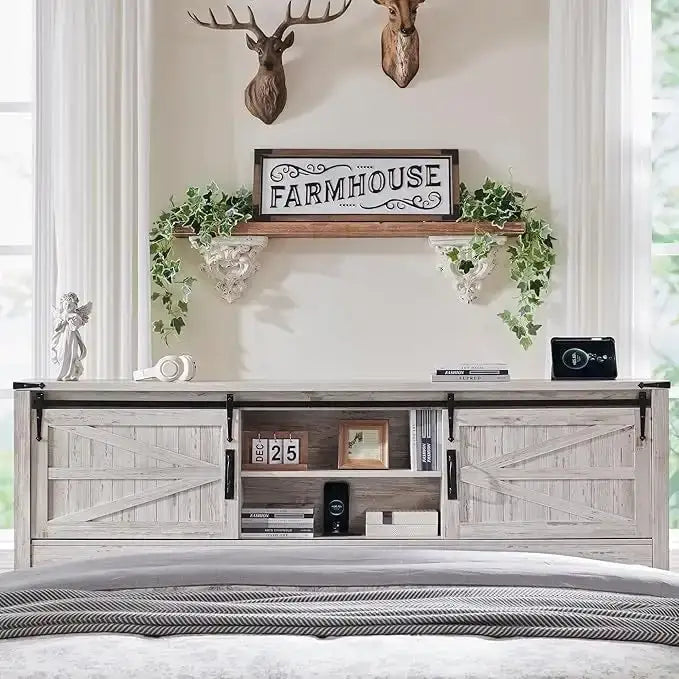 Farmhouse Platform Bed with Storage Headboard Sliding Doors and Charging Station 22