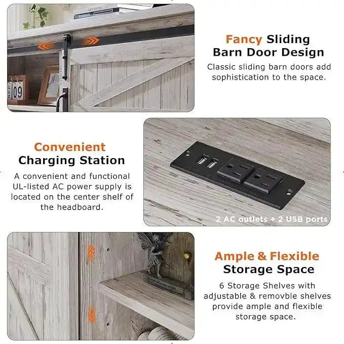 Farmhouse Full Bed Frame with Storage Shelves and Built-in Charging Station 23