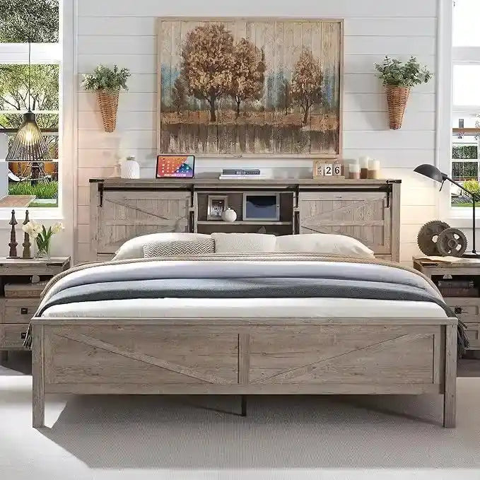 Farmhouse Full Bed Frame with Storage Shelves and Built-in Charging Station 27