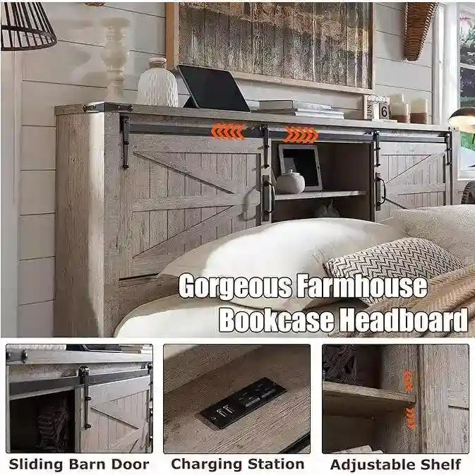Farmhouse Platform Bed with Storage Headboard Sliding Doors and Charging Station 28