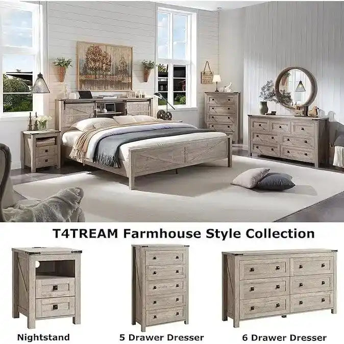Farmhouse Platform Bed with Storage Headboard Sliding Doors and Charging Station 30