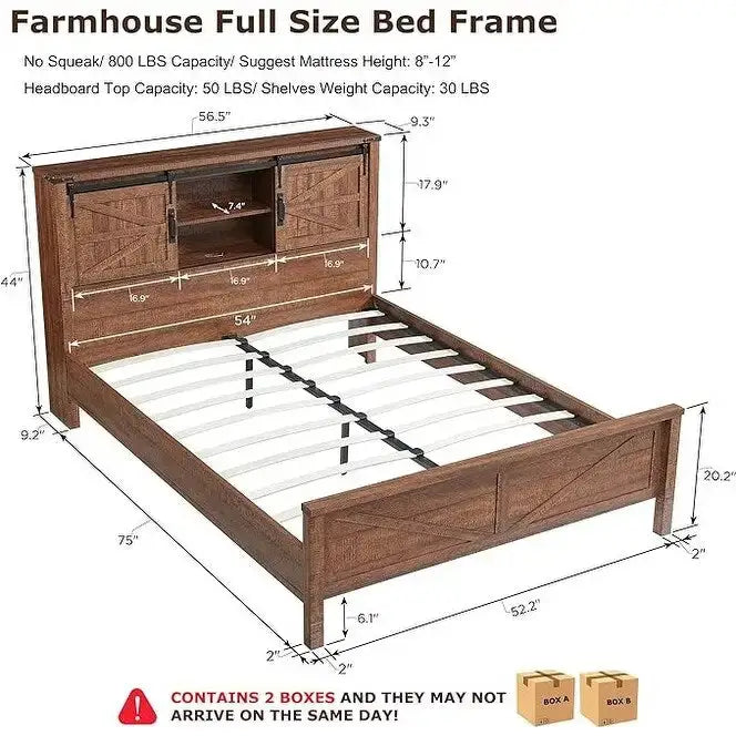 Farmhouse Full Bed Frame with Storage Shelves and Built-in Charging Station 32