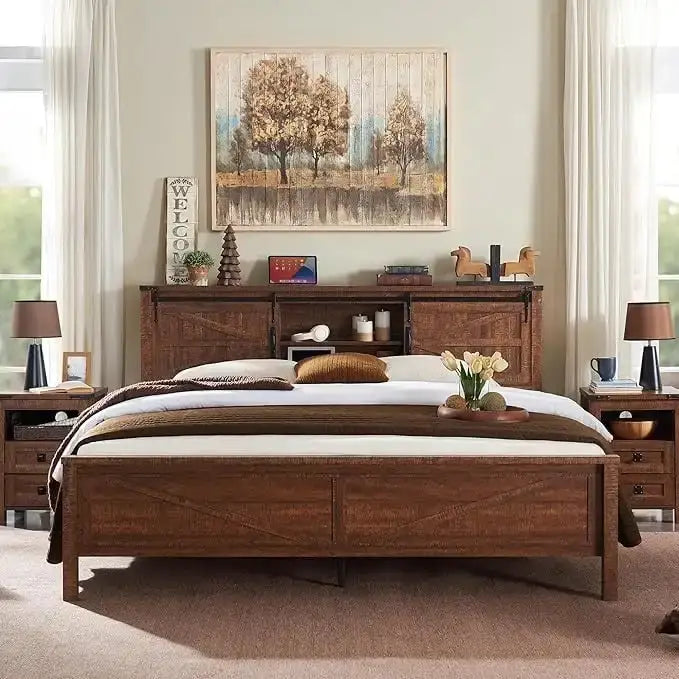 Farmhouse Platform Bed with Storage Headboard Sliding Doors and Charging Station 33