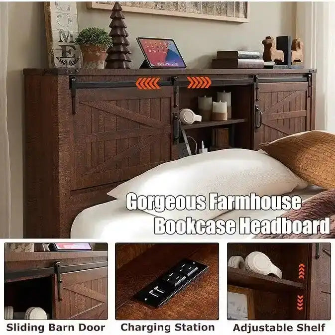 Farmhouse Platform Bed with Storage Headboard Sliding Doors and Charging Station 34