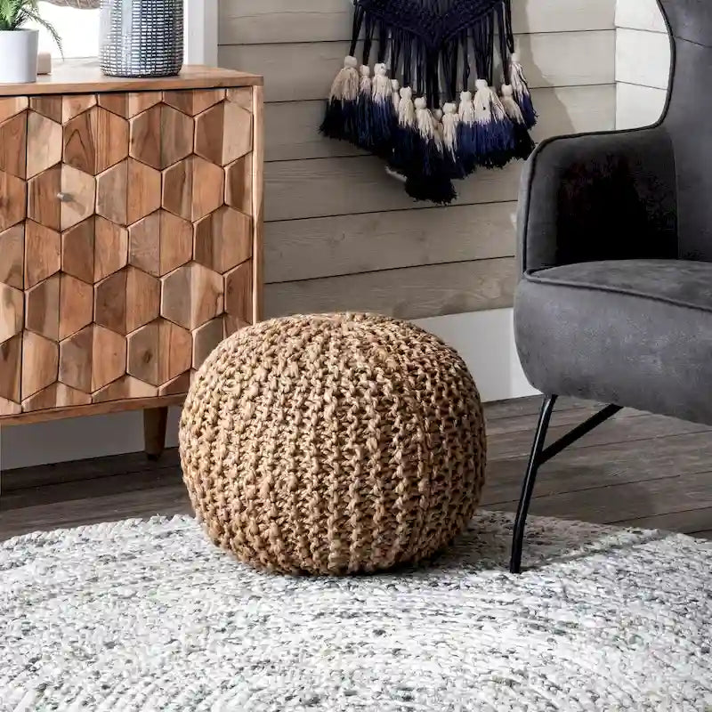 Nuloom York Classic Solid Knitted Jute Ottoman Pouf 1
