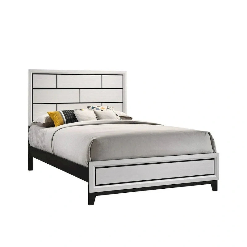 Asir Queen Bed with Geometric Panel Headboard in Modern White Wood Finish 1