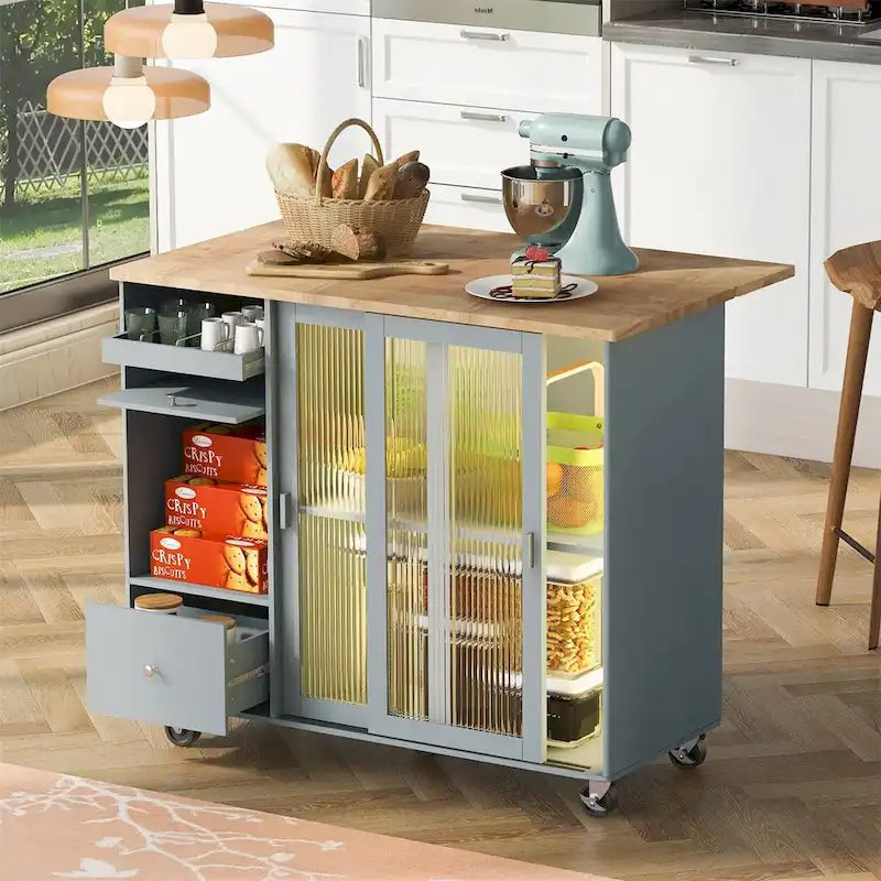 Kitchen Island with Drop Leaf Sliding Glass Doors and Storage on Wheels