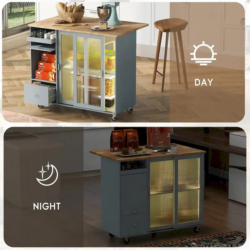 Kitchen Island with Drop Leaf Sliding Glass Doors and Storage on Wheels