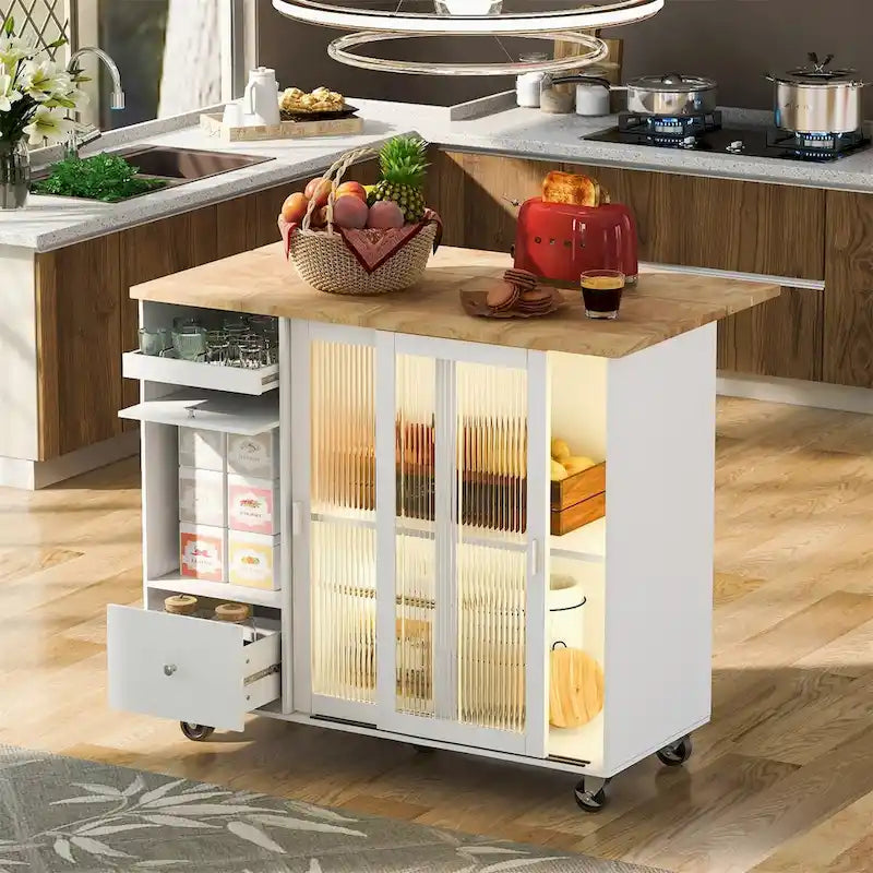 Kitchen Island with Drop Leaf Sliding Glass Doors and Storage on Wheels 11