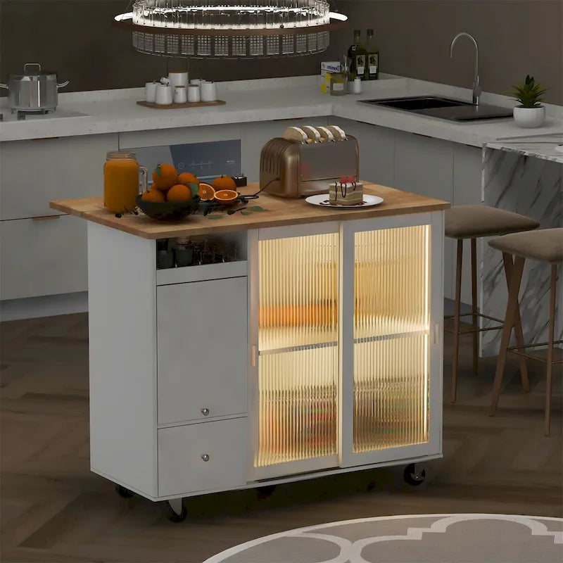 Kitchen Island with Drop Leaf Sliding Glass Doors and Storage on Wheels 12