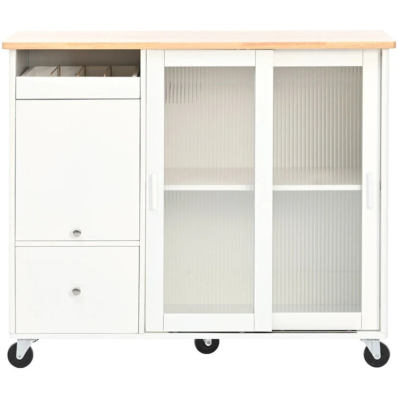 Kitchen Island with Drop Leaf Sliding Glass Doors and Storage on Wheels 13