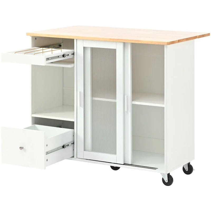 Kitchen Island with Drop Leaf Sliding Glass Doors and Storage on Wheels 15
