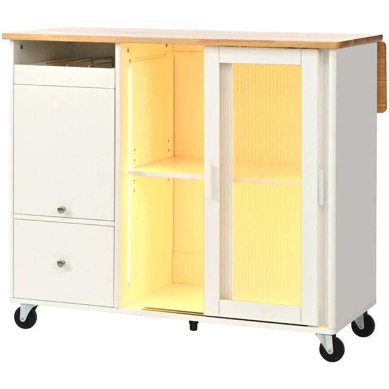 Kitchen Island with Drop Leaf Sliding Glass Doors and Storage on Wheels 16