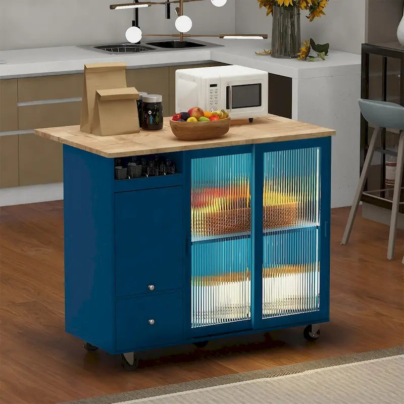 Kitchen Island with Drop Leaf Sliding Glass Doors and Storage on Wheels 23