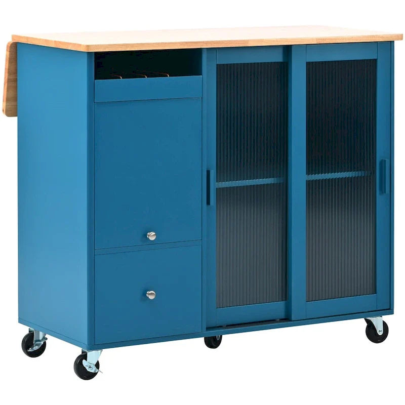 Kitchen Island with Drop Leaf Sliding Glass Doors and Storage on Wheels 24