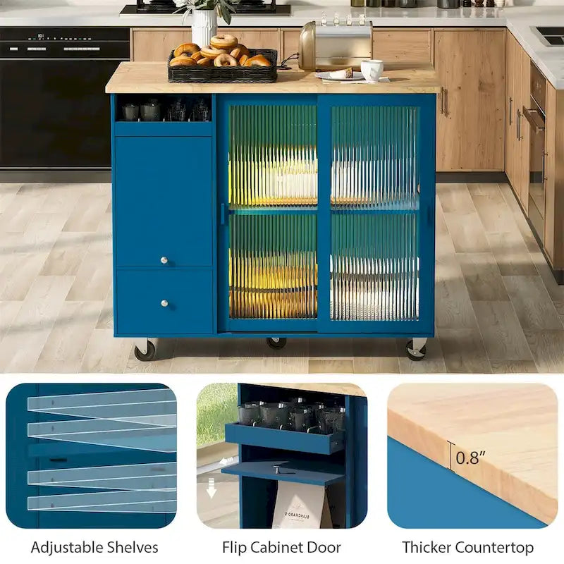 Kitchen Island with Drop Leaf Sliding Glass Doors and Storage on Wheels 27
