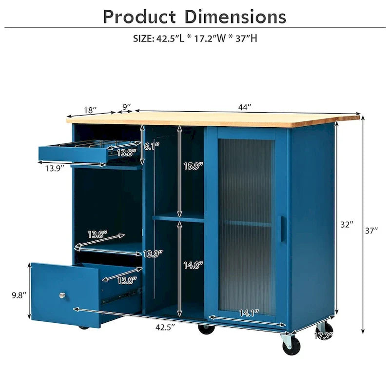 Kitchen Island with Drop Leaf Sliding Glass Doors and Storage on Wheels 30