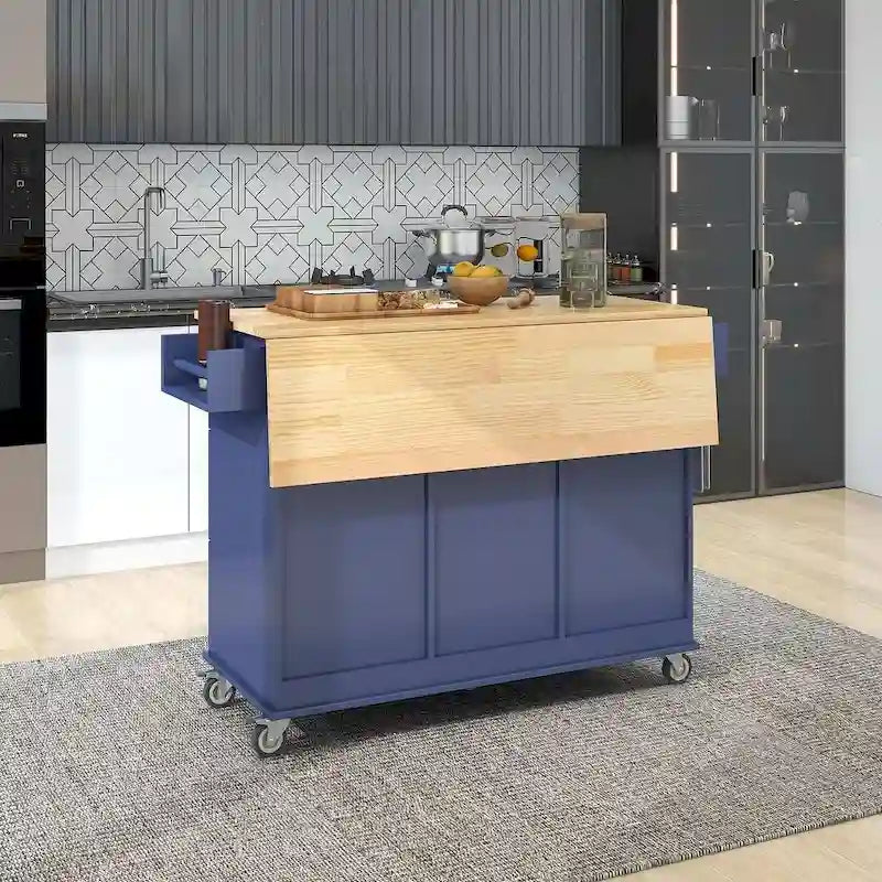 Mobile Kitchen Island on Wheels with Drop Leaf and Solid Wood Top 31