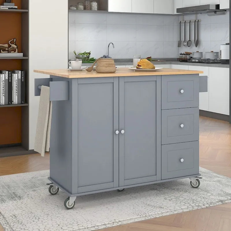 Mobile Kitchen Island on Wheels with Drop Leaf and Solid Wood Top 32