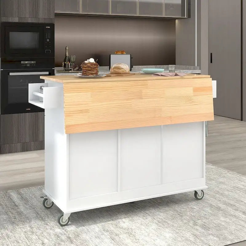 Mobile Kitchen Island on Wheels with Drop Leaf and Solid Wood Top 2