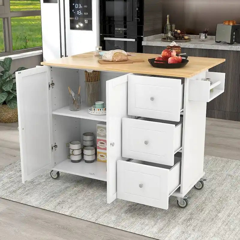 Mobile Kitchen Island on Wheels with Drop Leaf and Solid Wood Top 3
