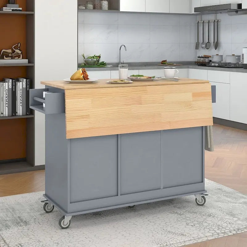 Mobile Kitchen Island on Wheels with Drop Leaf and Solid Wood Top 5