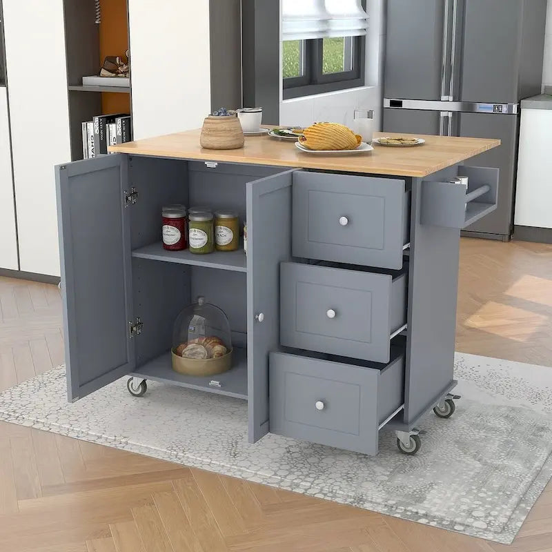 Mobile Kitchen Island on Wheels with Drop Leaf and Solid Wood Top 6