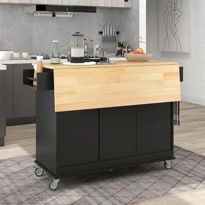Mobile Kitchen Island on Wheels with Drop Leaf and Solid Wood Top 8