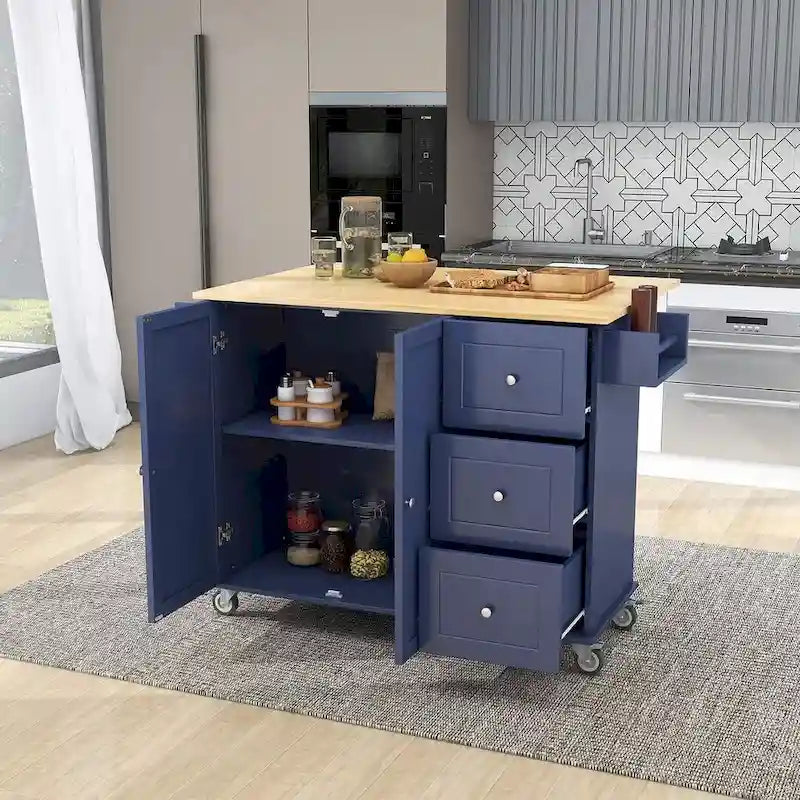 Mobile Kitchen Island on Wheels with Drop Leaf and Solid Wood Top 12