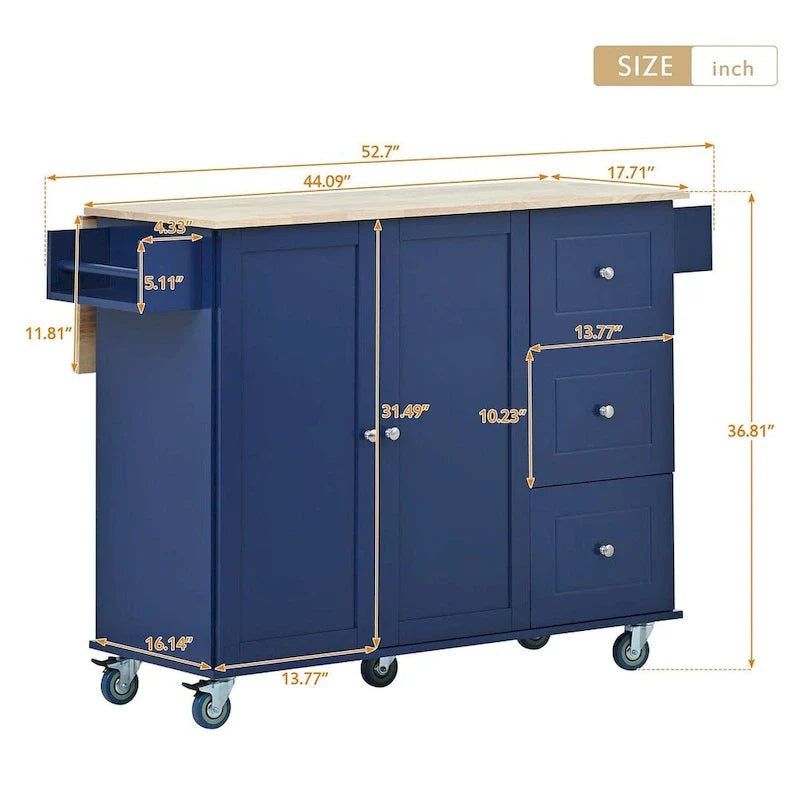 Mobile Kitchen Island on Wheels with Drop Leaf and Solid Wood Top 14