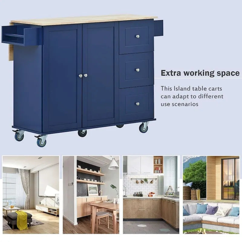 Mobile Kitchen Island on Wheels with Drop Leaf and Solid Wood Top 16