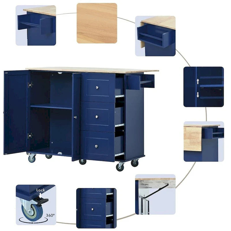 Mobile Kitchen Island on Wheels with Drop Leaf and Solid Wood Top 18