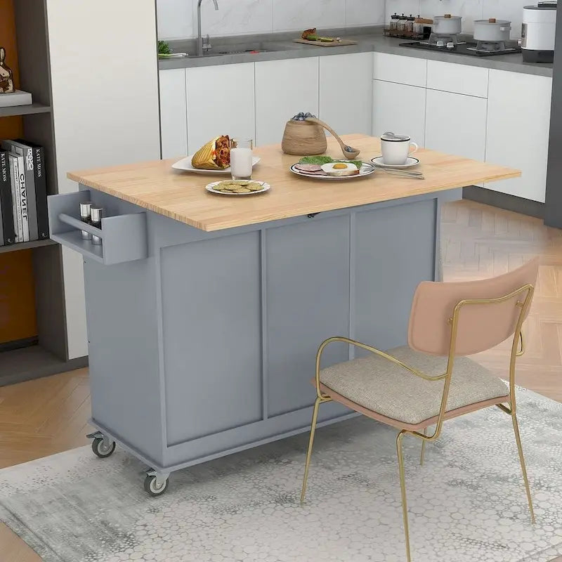Mobile Kitchen Island on Wheels with Drop Leaf and Solid Wood Top 29
