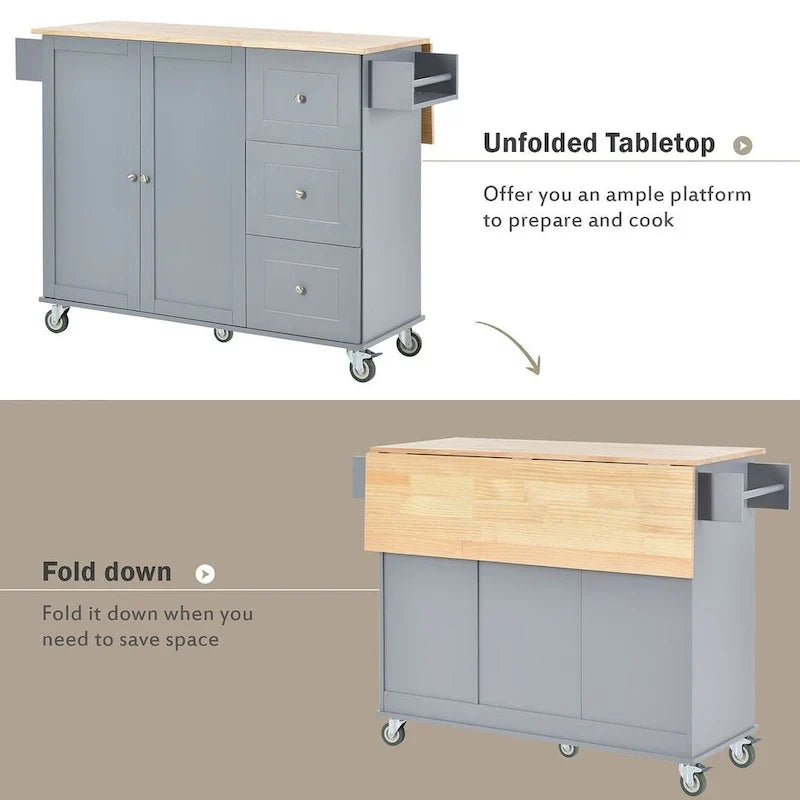 Mobile Kitchen Island on Wheels with Drop Leaf and Solid Wood Top 30