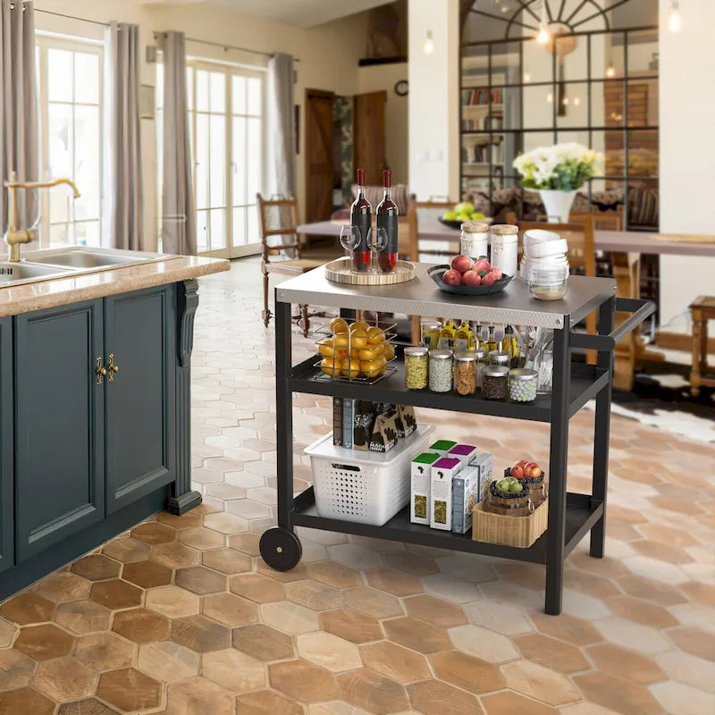 Outdoor Prep Cart with Stainless Steel Top Shelves and Wheels 19