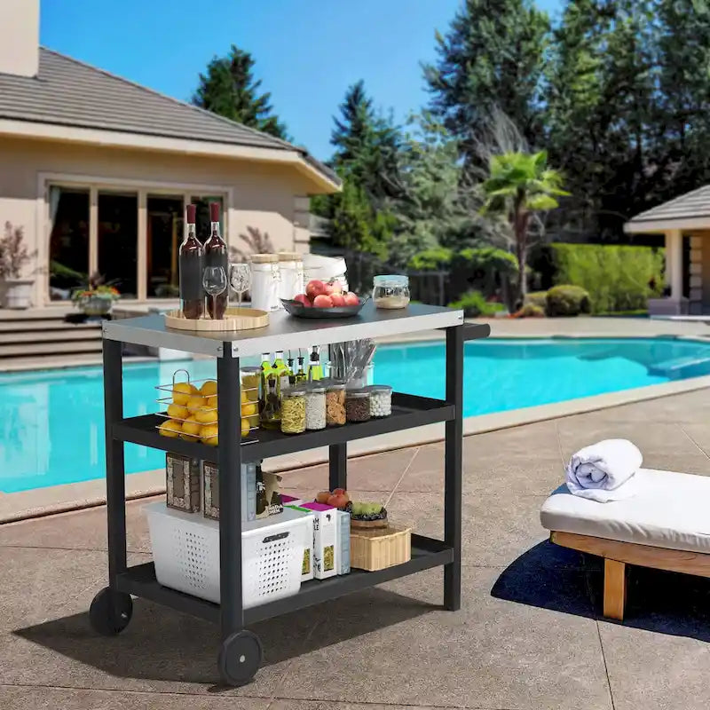 Outdoor Prep Cart with Stainless Steel Top Shelves and Wheels 21