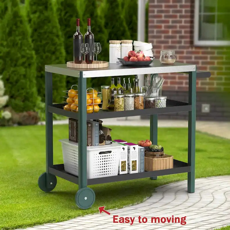 Outdoor Prep Cart with Stainless Steel Top Shelves and Wheels 26