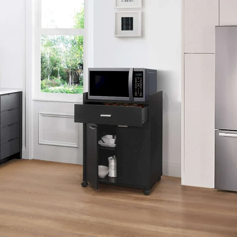 Black Kitchen Microwave Cart with Accent Storage Cabinet, Featuring 1 Drawer and 2 Doors 1