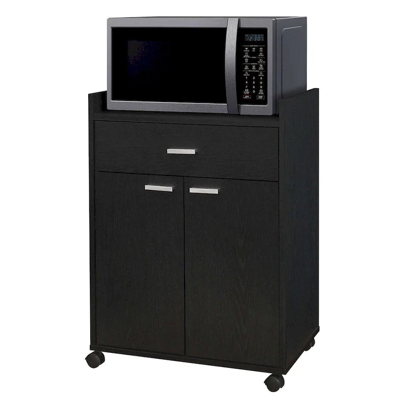 Black Kitchen Microwave Cart with Accent Storage Cabinet, Featuring 1 Drawer and 2 Doors 2