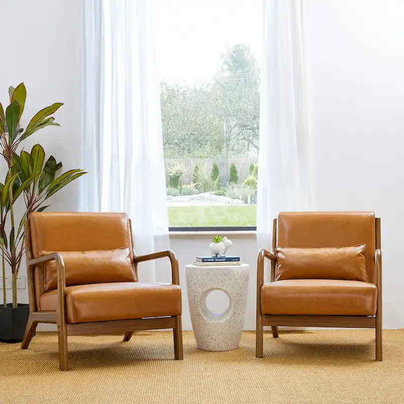 Glitzhome Set of 2 Mid-Century Modern PU Leather Accent Chairs - 30.75H with Cushions (25.75W x 33.75D) 2