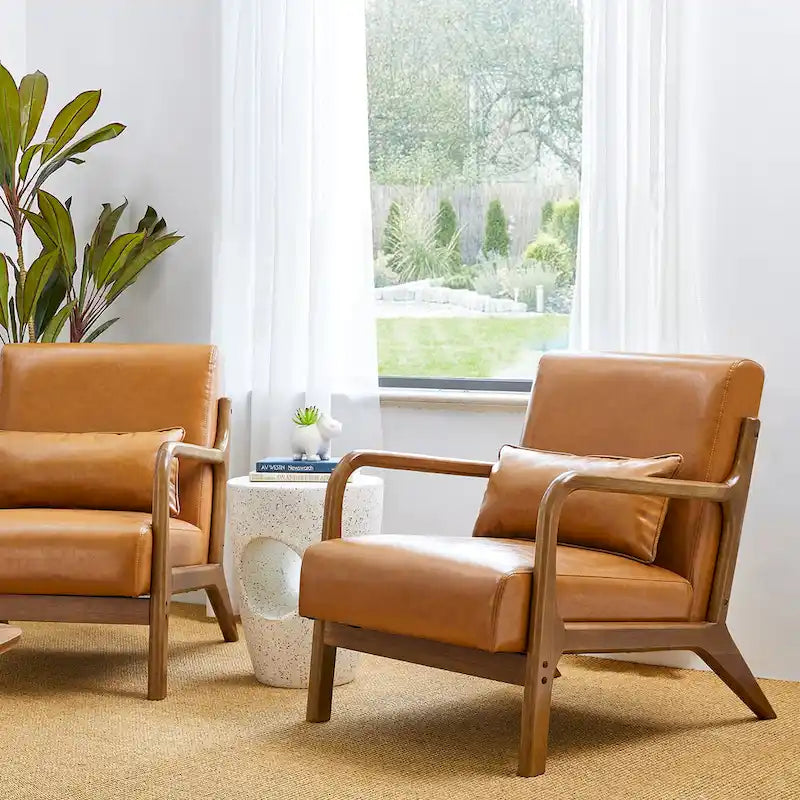 Glitzhome Set of 2 Mid-Century Modern PU Leather Accent Chairs - 30.75H with Cushions (25.75W x 33.75D) 10