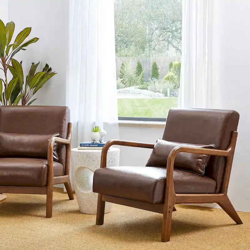 Glitzhome Set of 2 Mid-Century Modern PU Leather Accent Chairs - 30.75H with Cushions (25.75W x 33.75D) 11