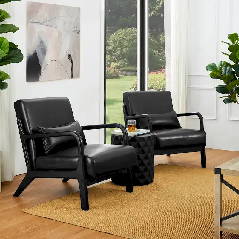 Glitzhome Set of 2 Mid-Century Modern PU Leather Accent Chairs - 30.75H with Cushions (25.75W x 33.75D) 13